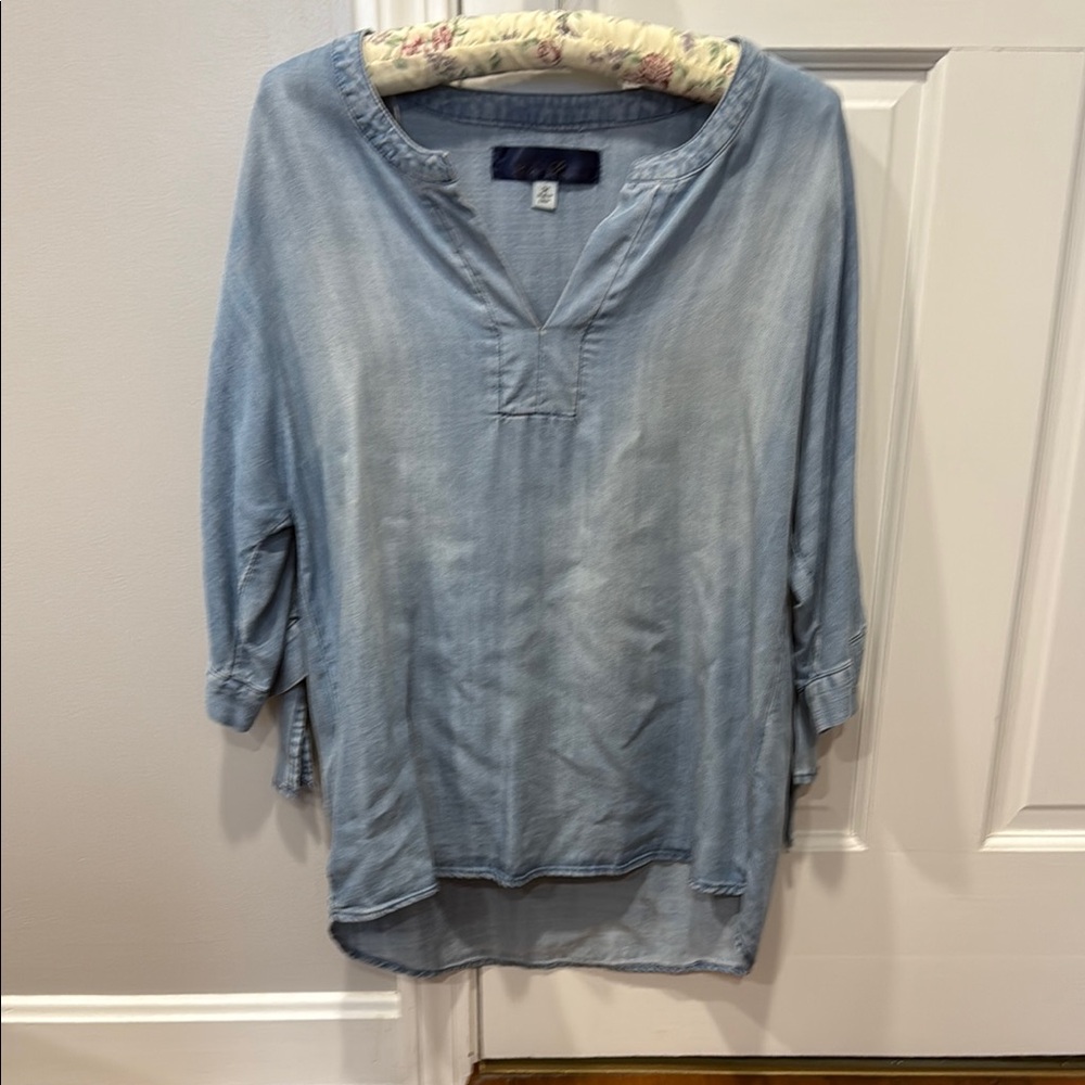 Blue 3/4 Sleeve Polo Collar Blouse
